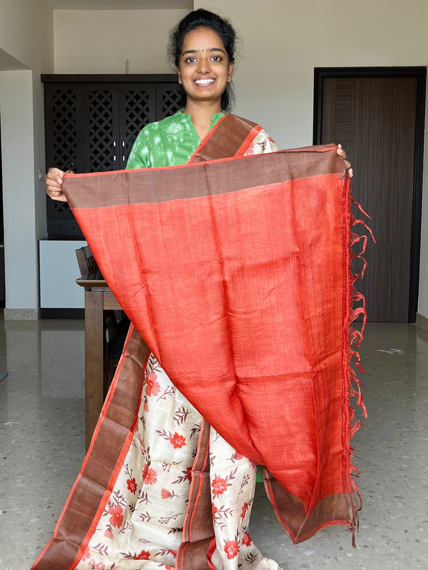 Cream and Orange Tussar Silk Saree with Prints