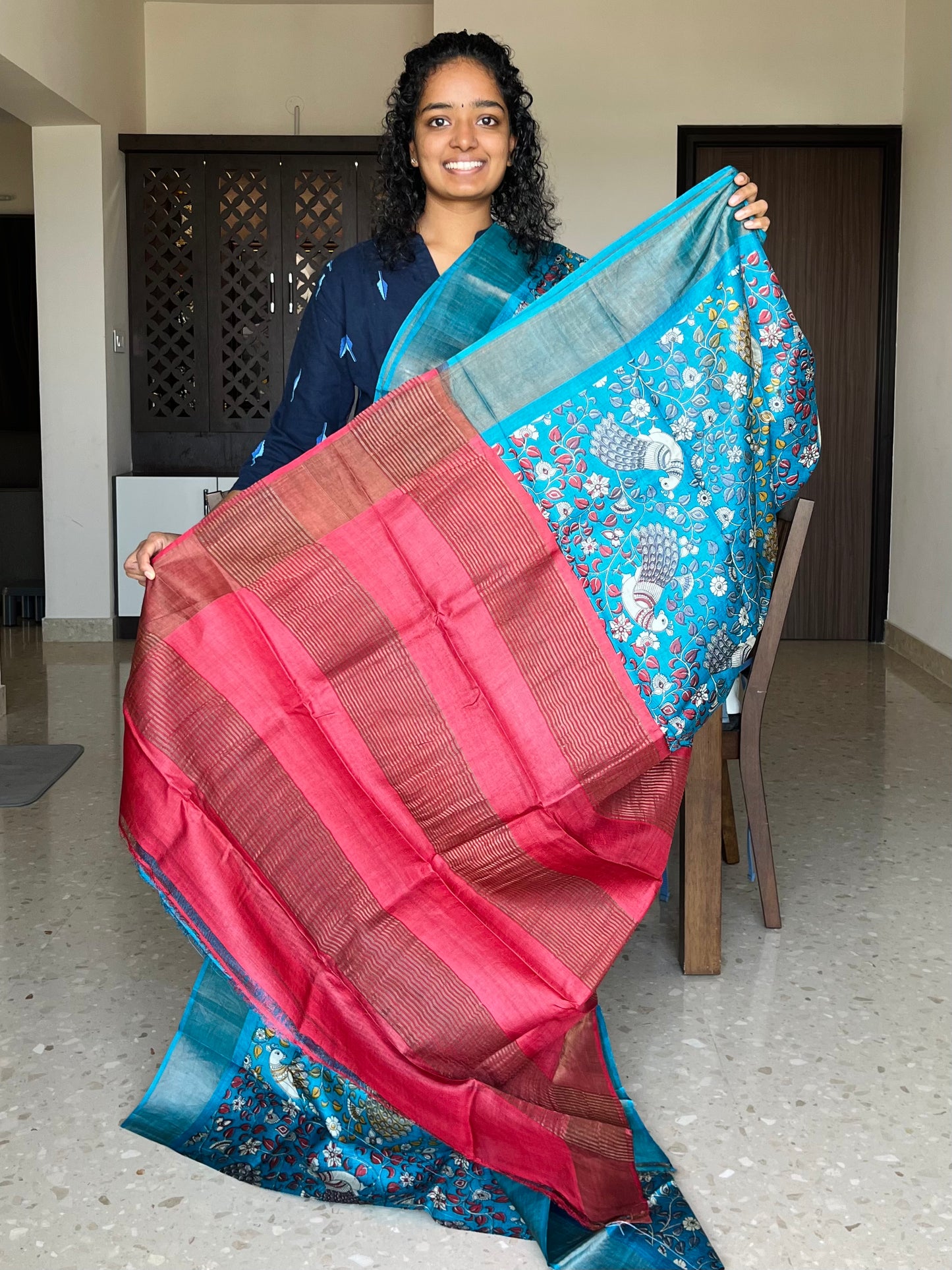 Blue Tussar Silk Saree with Kalamkaari Prints