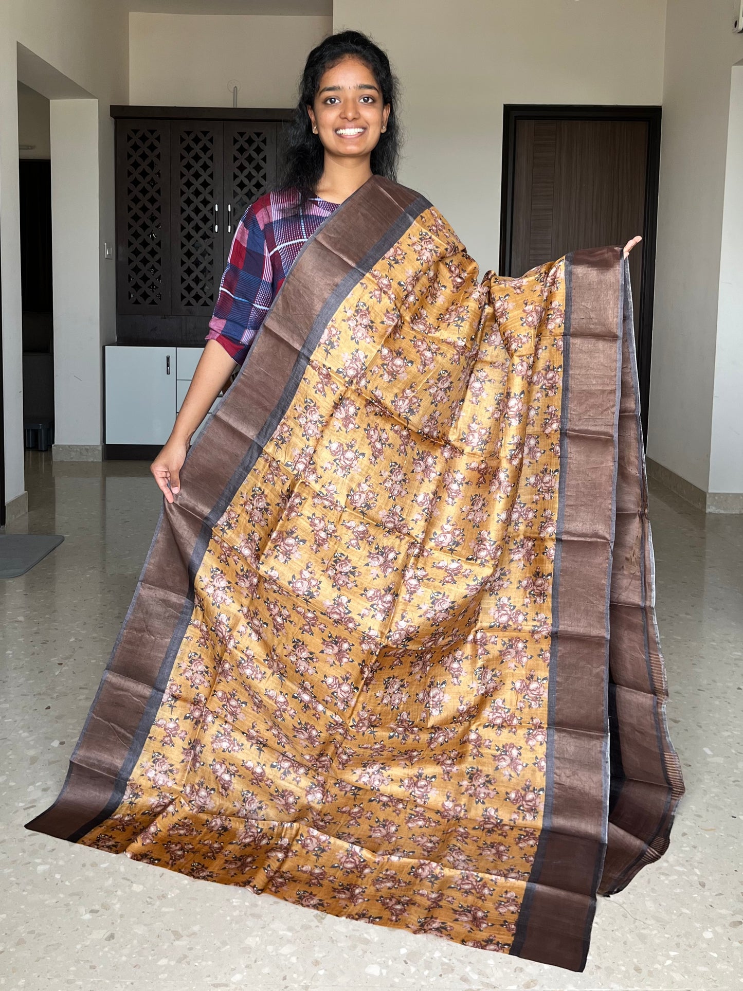 Mustard and Brown Tussar Silk Saree with Floral Prints