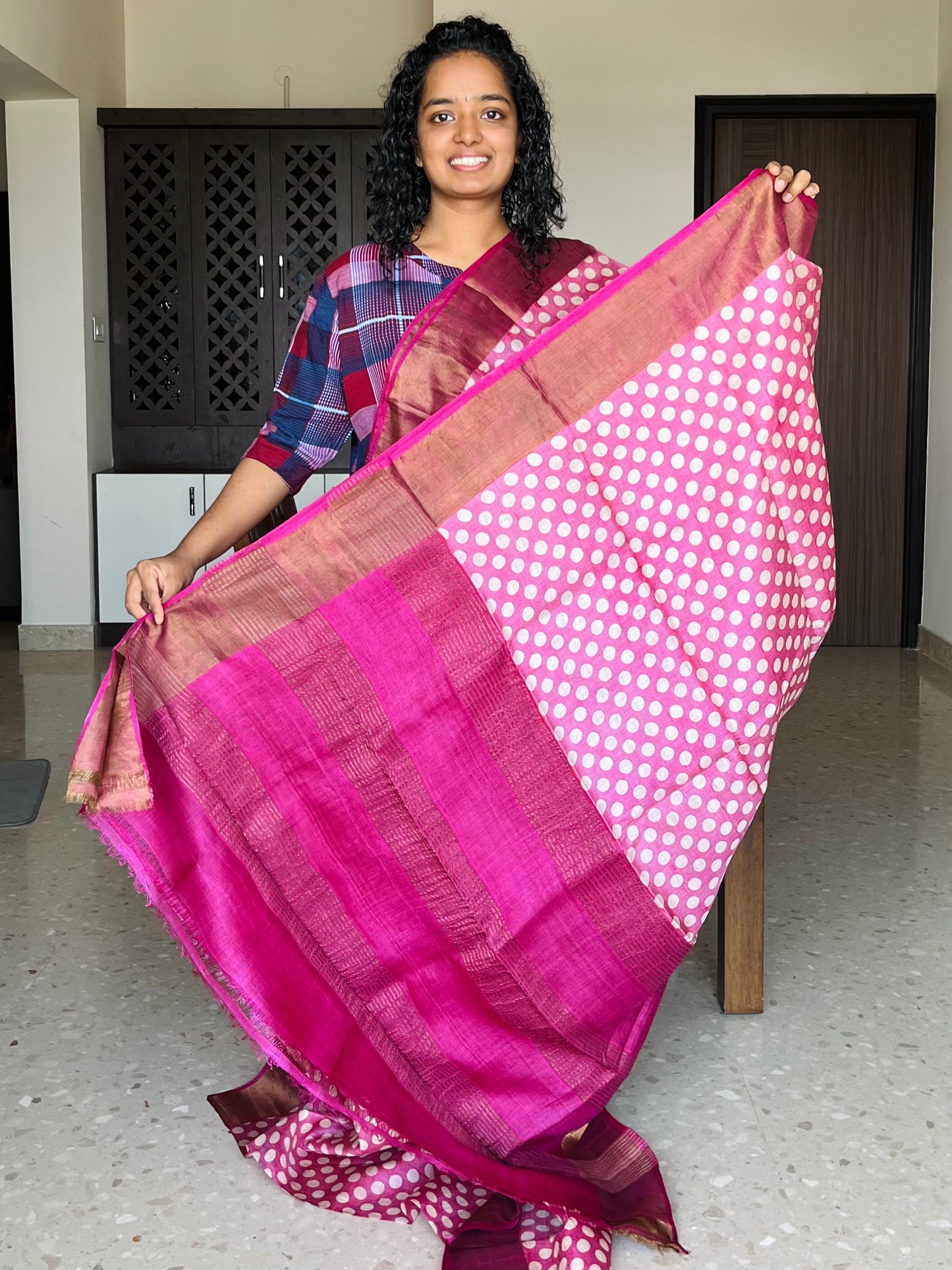 Pink Tussar Silk Saree with Prints