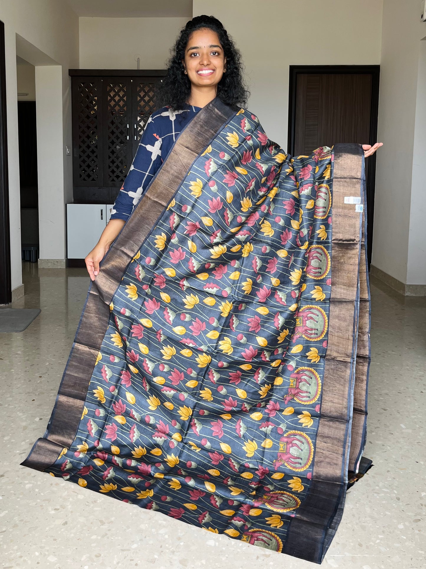 Black Tussar Silk Saree with Prints