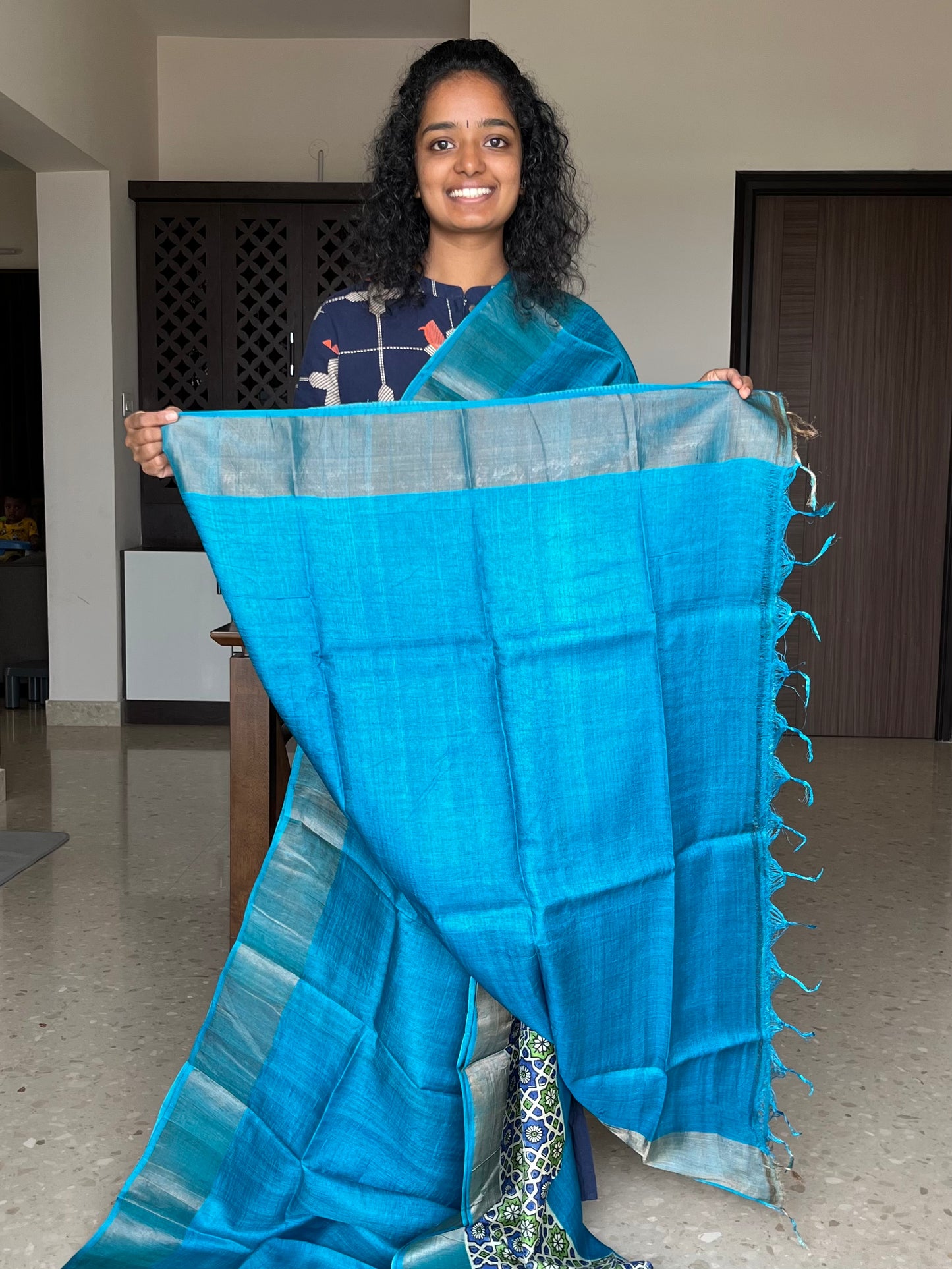 Blue Tussar Silk Saree with Prints