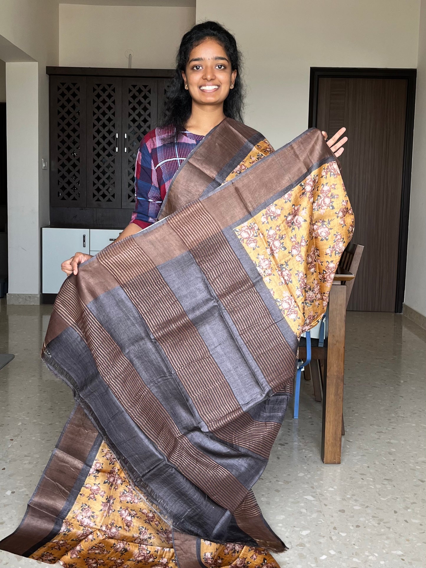 Mustard and Brown Tussar Silk Saree with Floral Prints