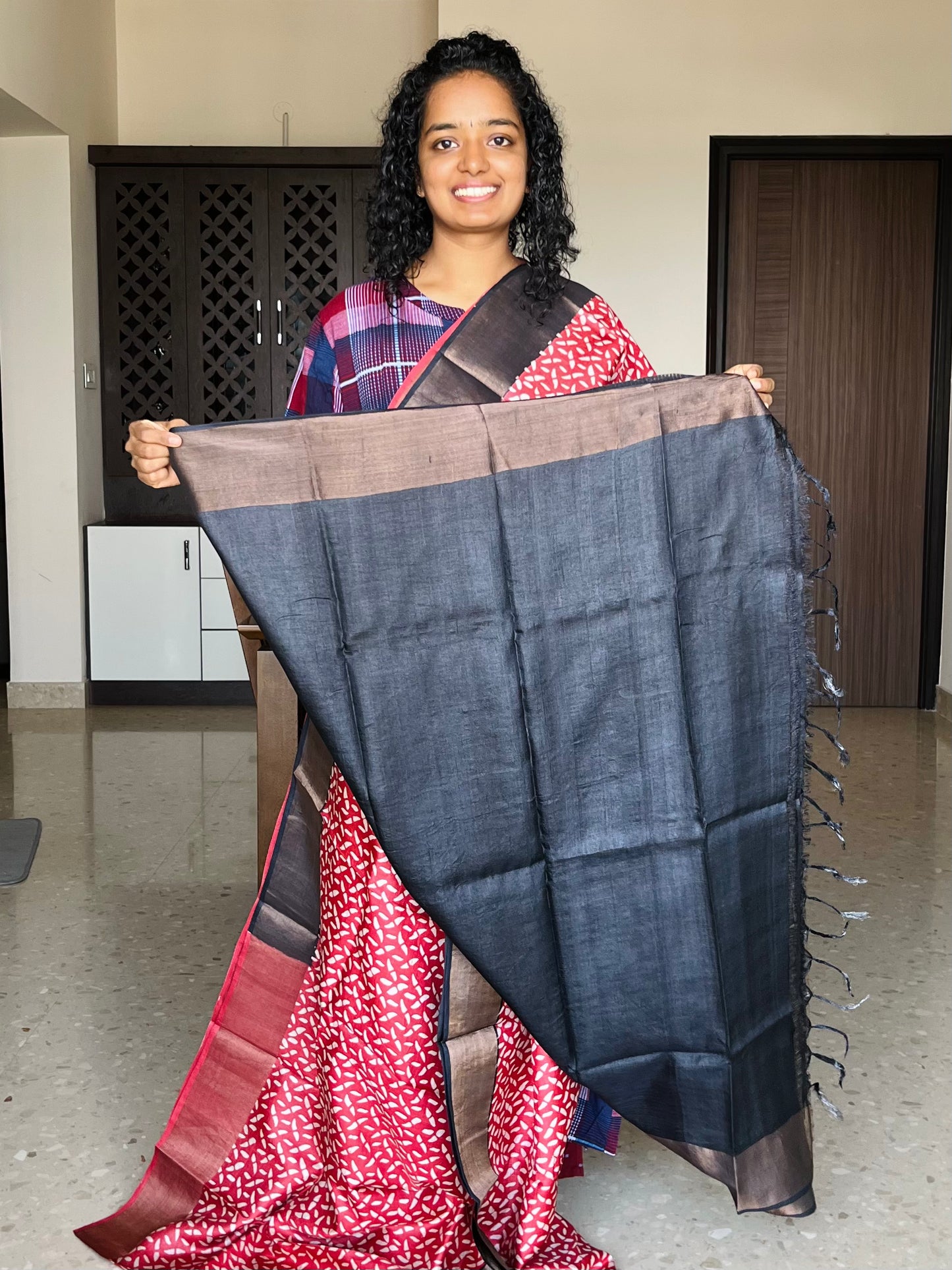 Red and Black Tussar Silk Saree with Prints