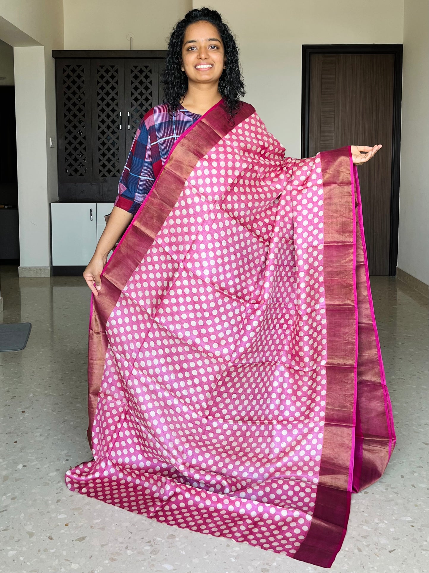 Pink Tussar Silk Saree with Prints