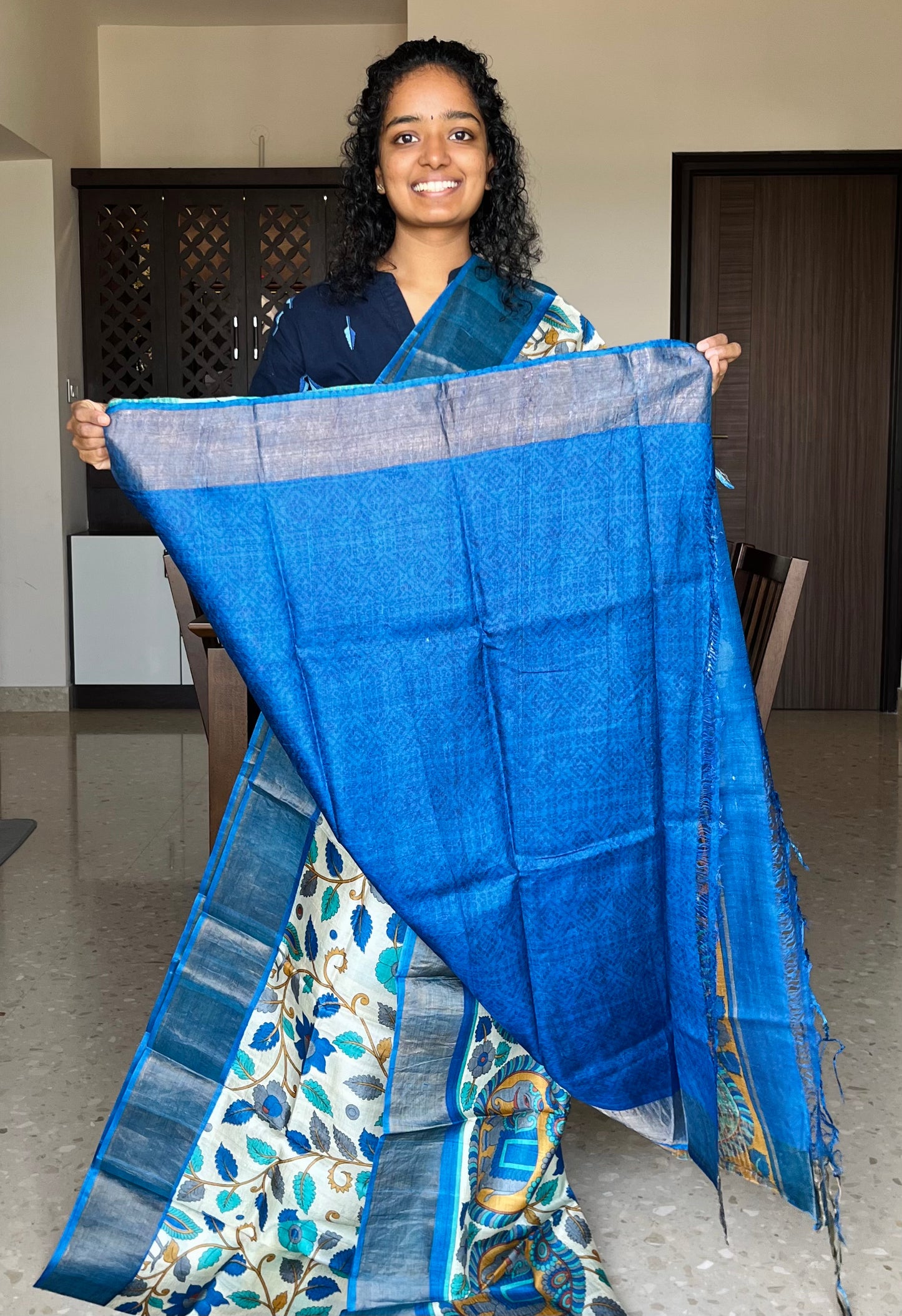 Cream and Blue Tussar Silk Saree with Kalamkaari Prints