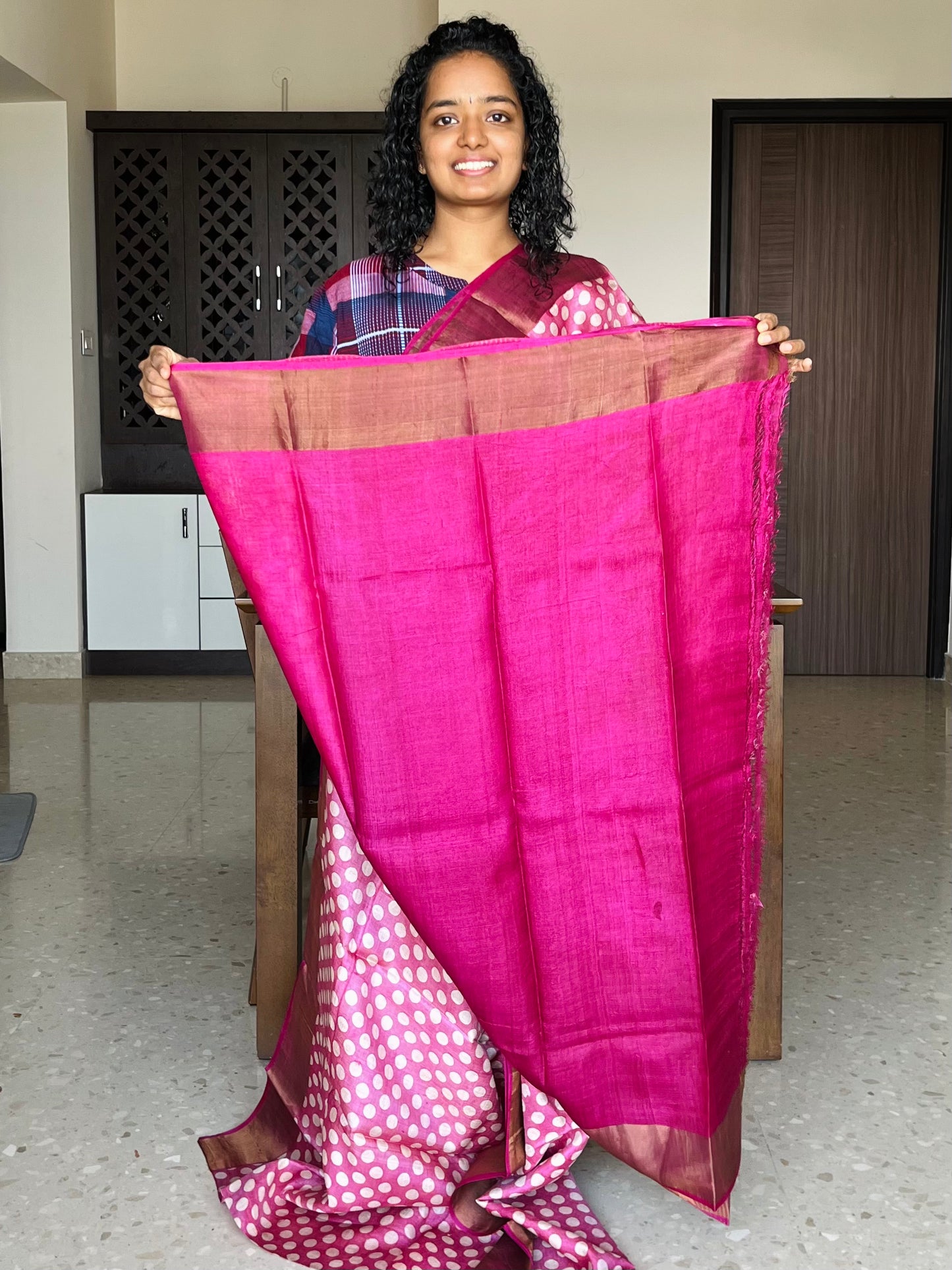 Pink Tussar Silk Saree with Prints