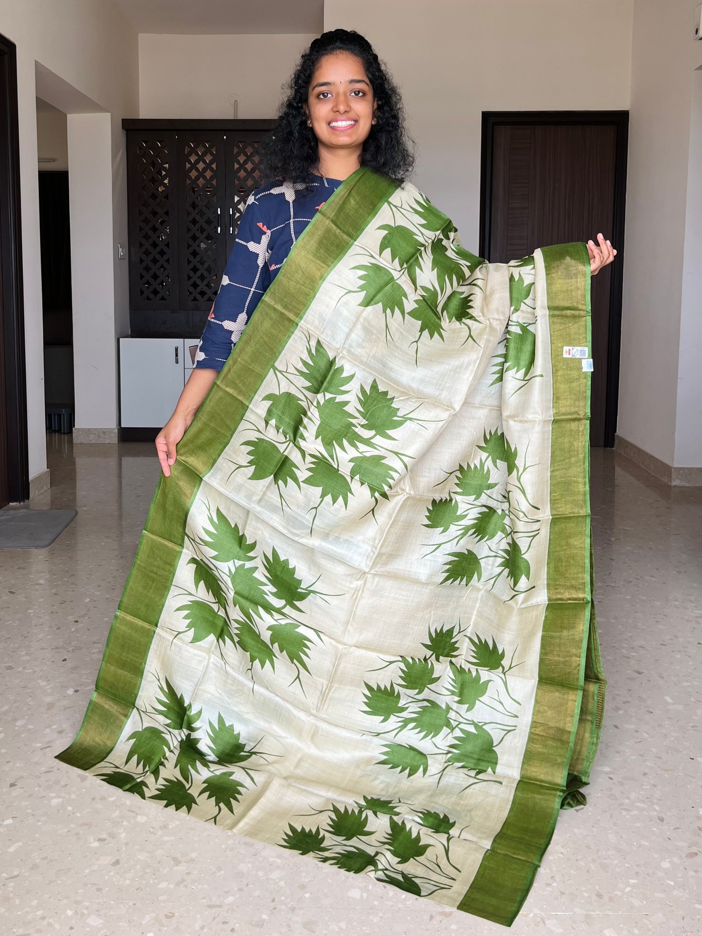 Cream and Green Tussar Silk Saree with Prints