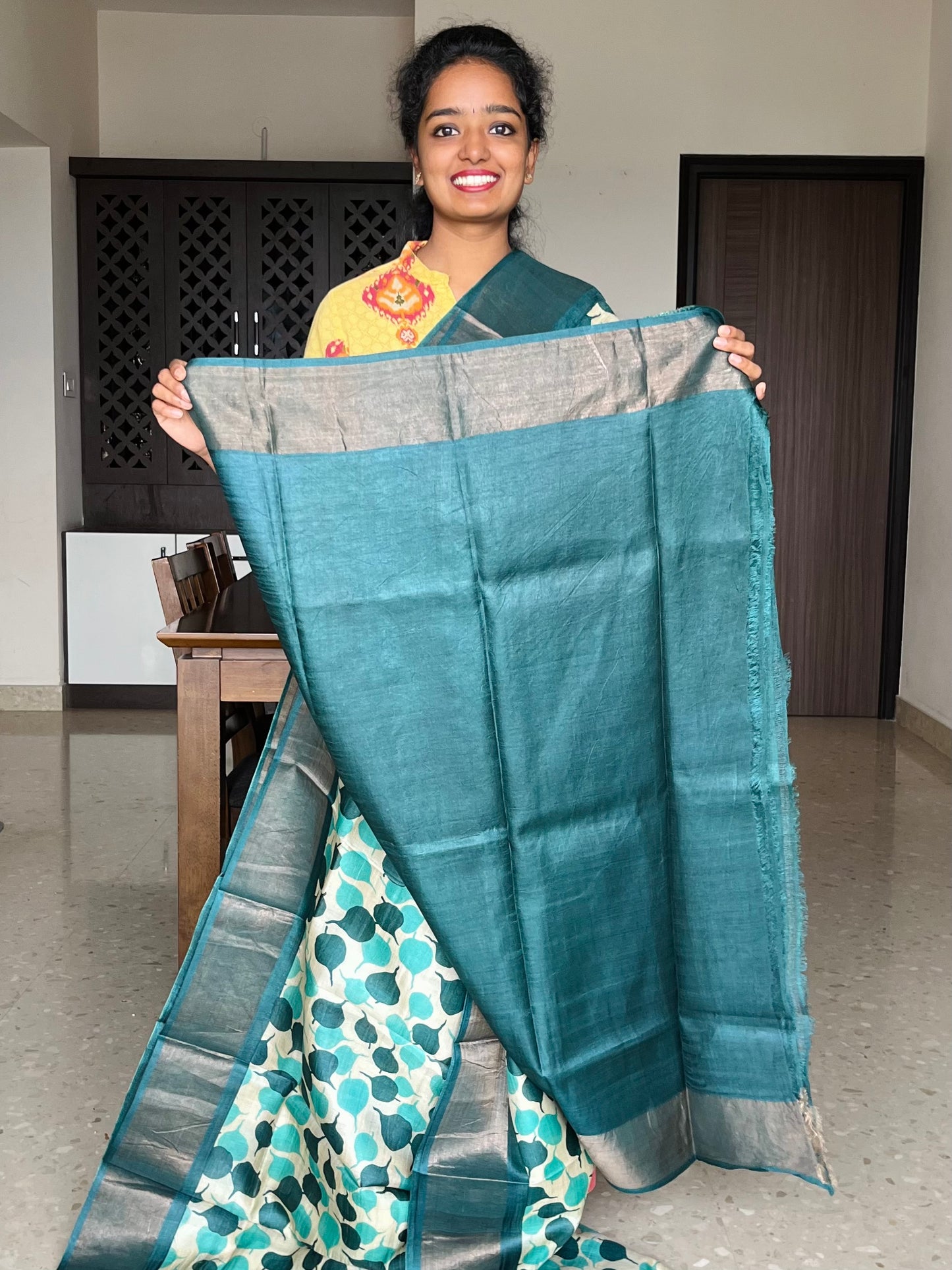 Cream and Teal Tussar Silk Saree with Prints