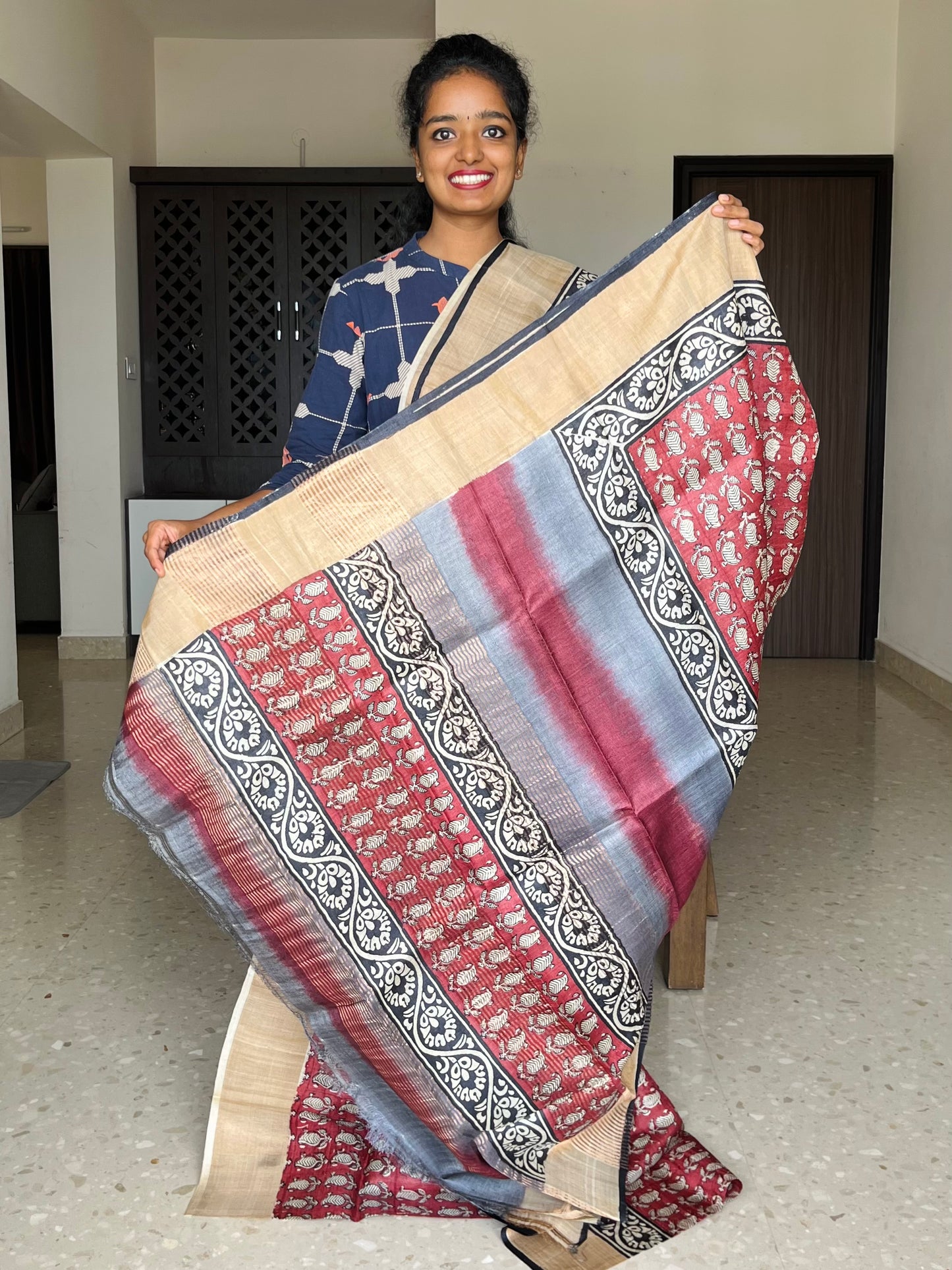 Brown Tussar Silk Saree with Prints