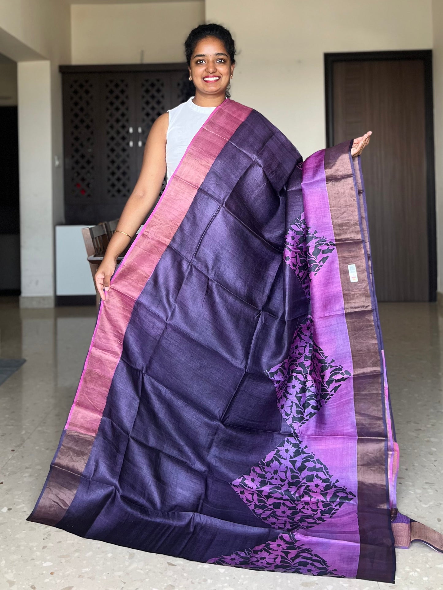 Purple Tussar Silk Saree with Prints