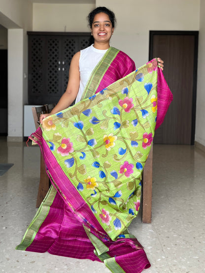 Magenta and Green Tussar Silk Saree with Prints