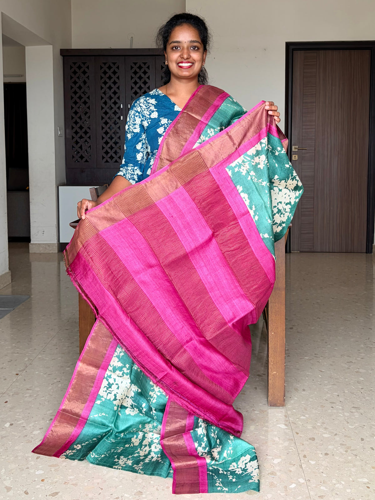 Green and Magenta Tussar Silk Saree with Prints
