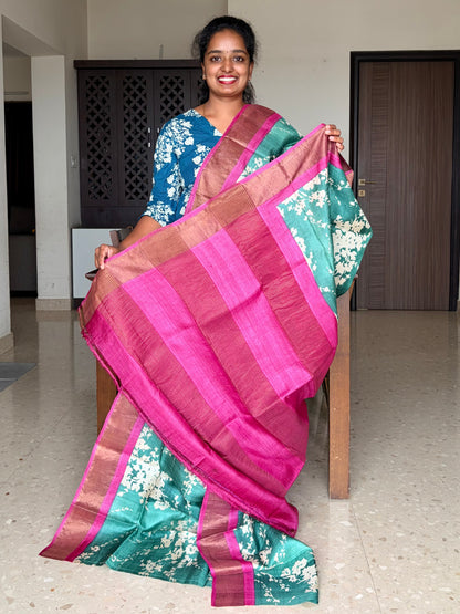 Green and Magenta Tussar Silk Saree with Prints