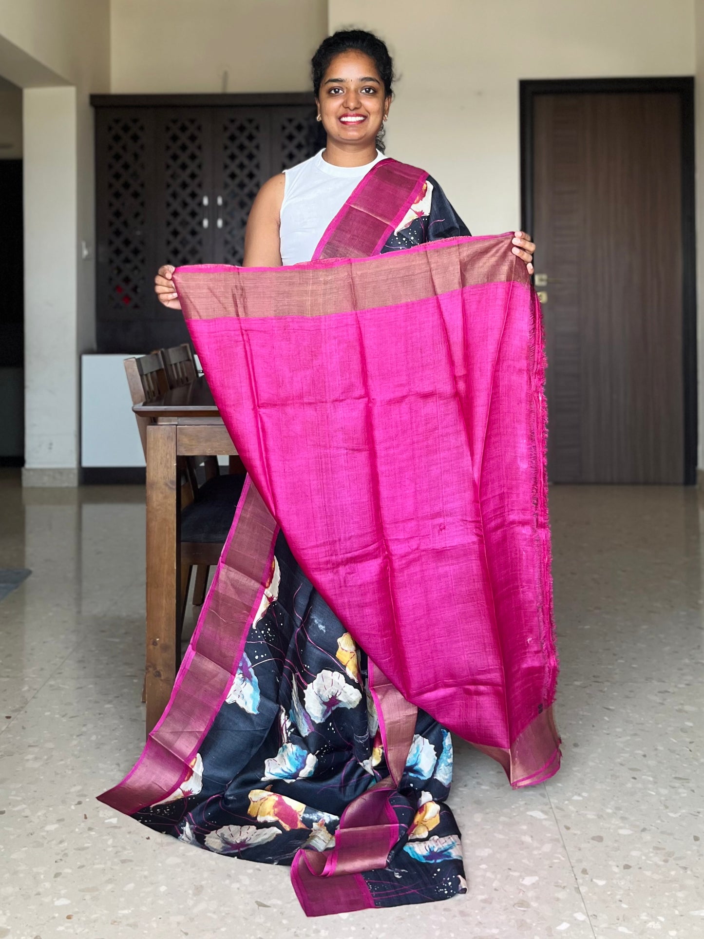 Black and Pink Tussar Silk Saree with Prints