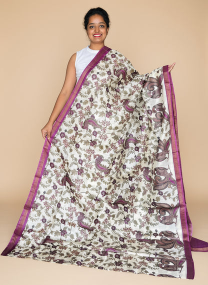 Cream and Magenta Tussar Silk Saree with Prints