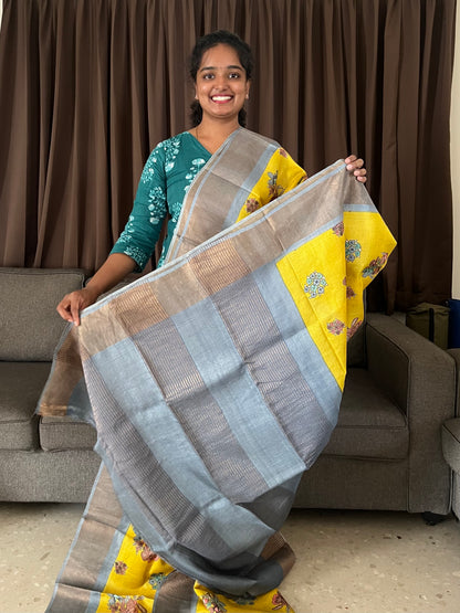 Yellow and Grey Tussar Silk Saree with Prints