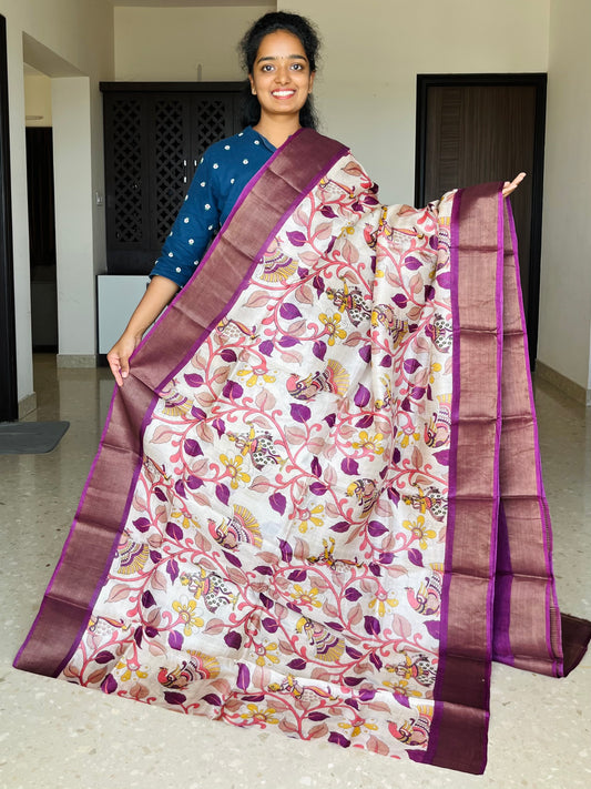 Cream and Magenta Tussar Silk Saree with Prints