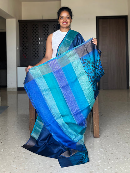 Blue Tussar Silk Saree with Prints