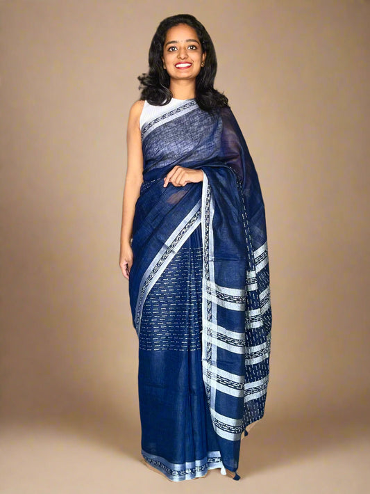 Navy Blue Linen Saree with Kantha Weaves