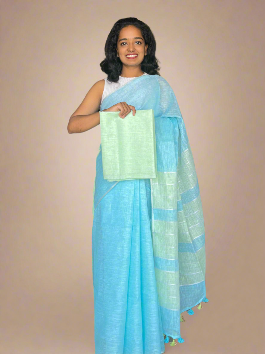 Blue and Green Linen Saree