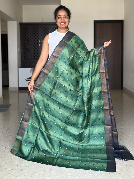 Green Tussar Silk Saree with Prints