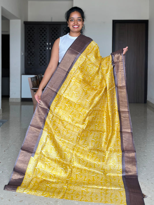Yellow and Brown Tussar Silk Saree with Prints