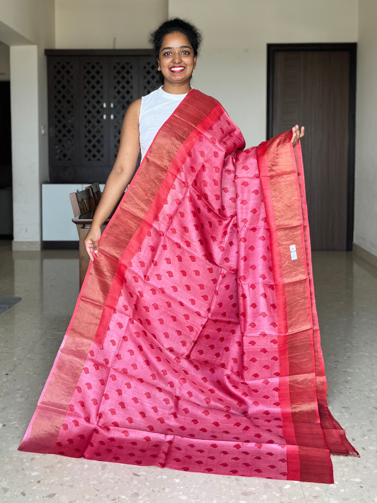 Pink and Red Tussar Silk Saree with Prints