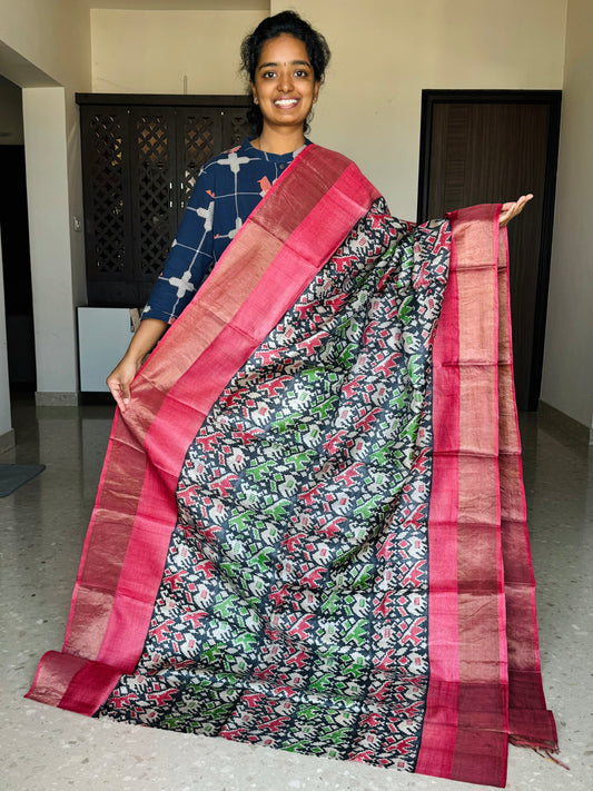 Red and Black Tussar Silk Saree with Prints
