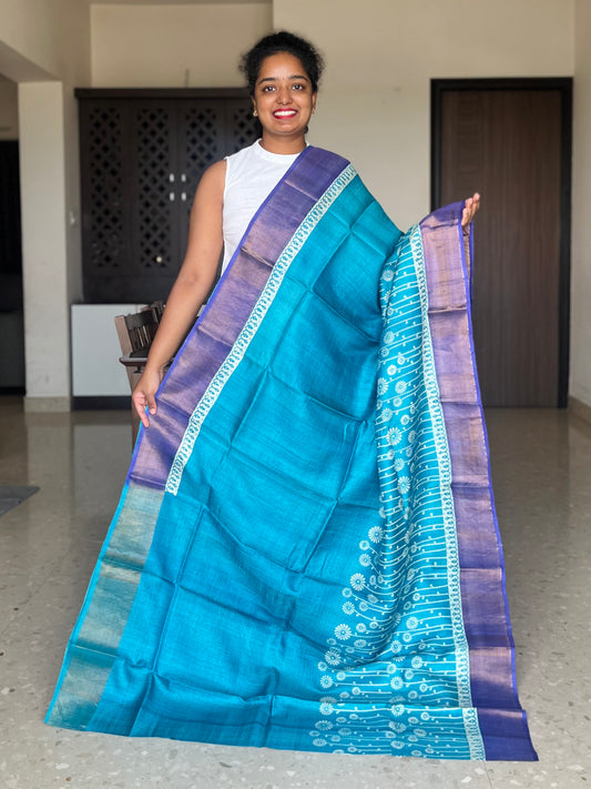 Blue Tussar Silk Saree with Prints