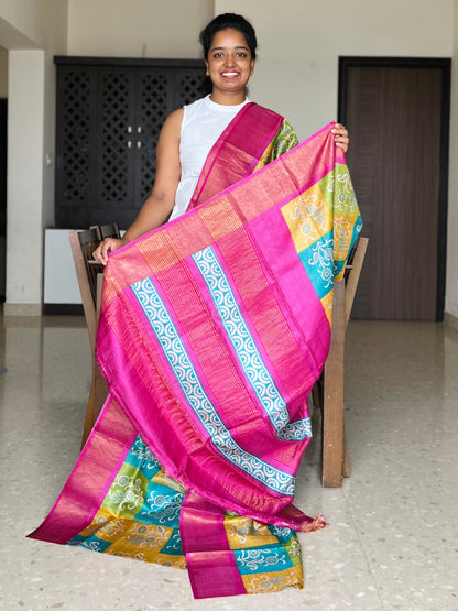Yellow and Pink Tussar Silk Saree with Prints
