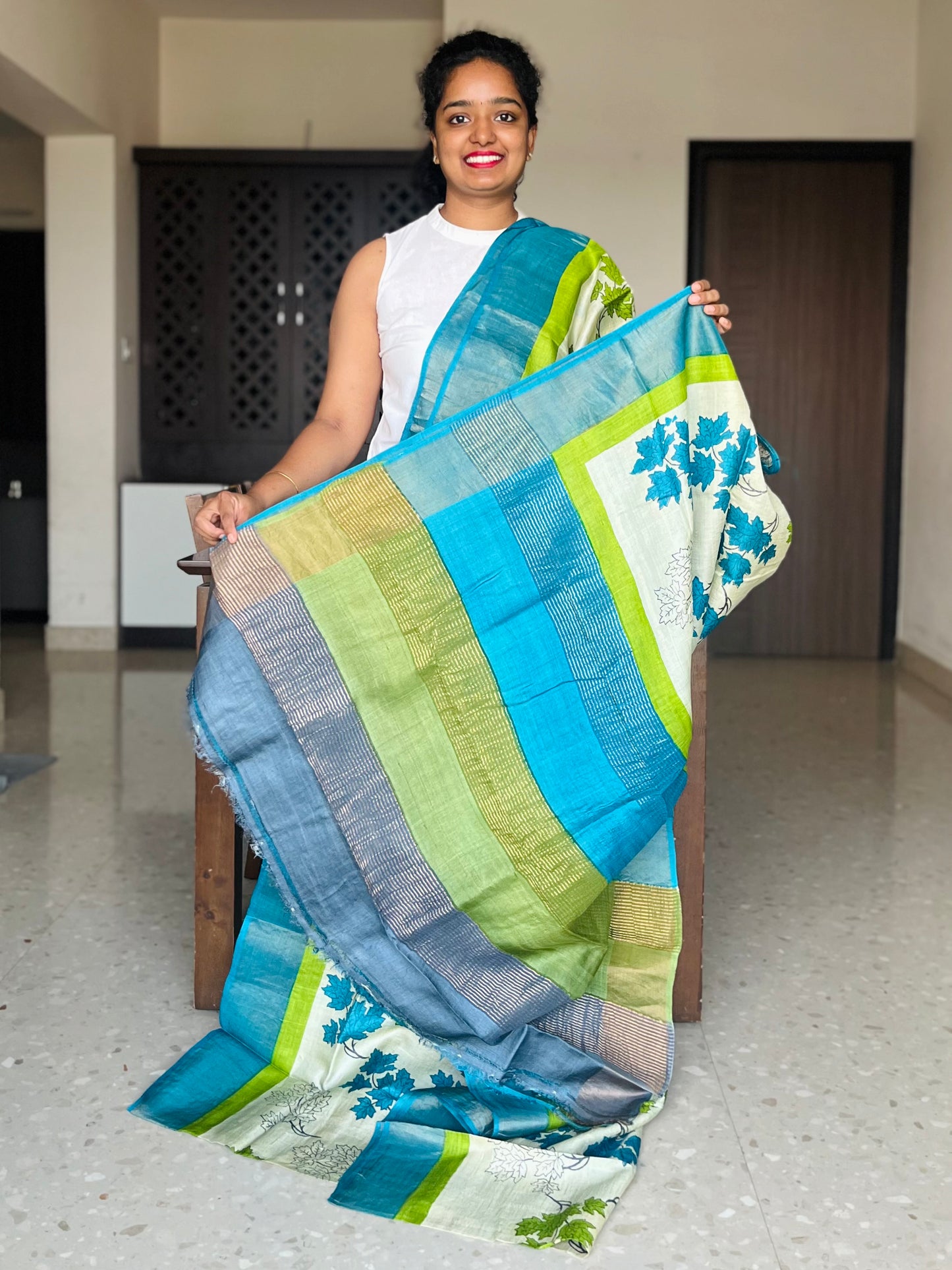 Cream, Blue and Green Tussar Silk Saree with Prints