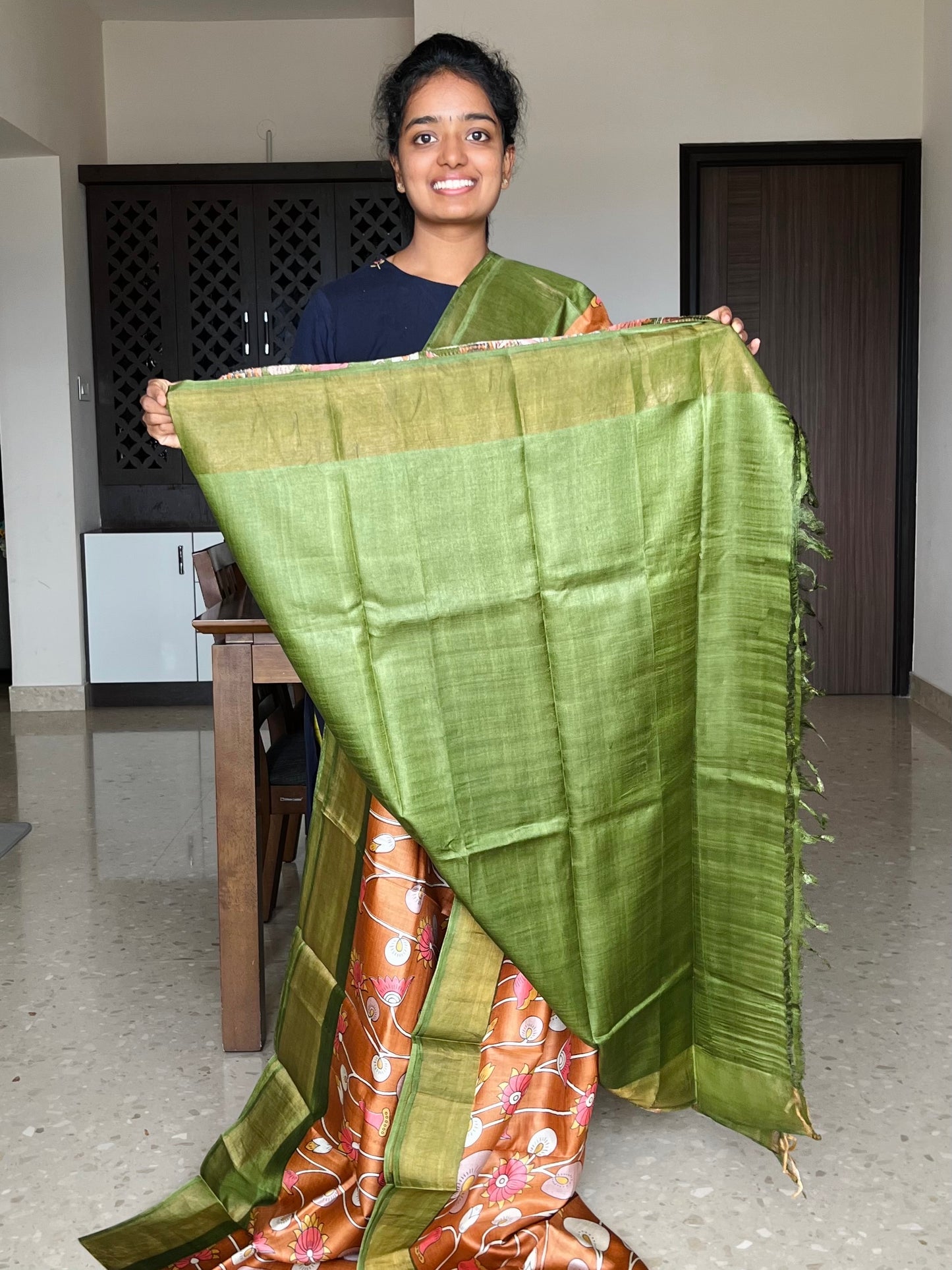 Rust and Green Tussar Silk Saree with Prints