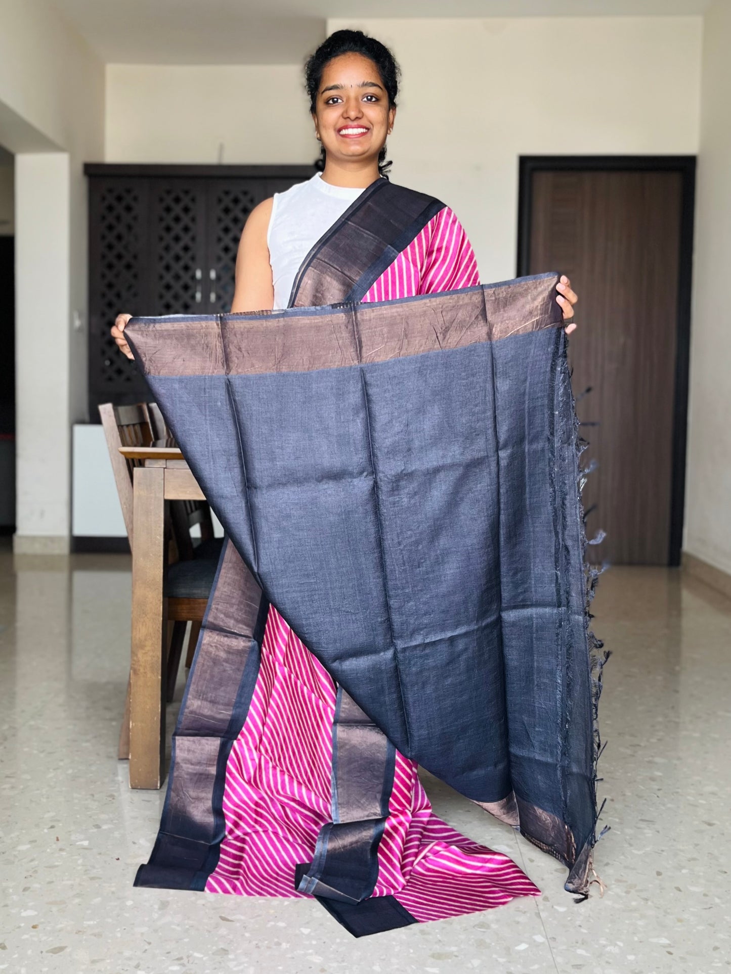 Pink and Black Tussar Silk Saree with Prints