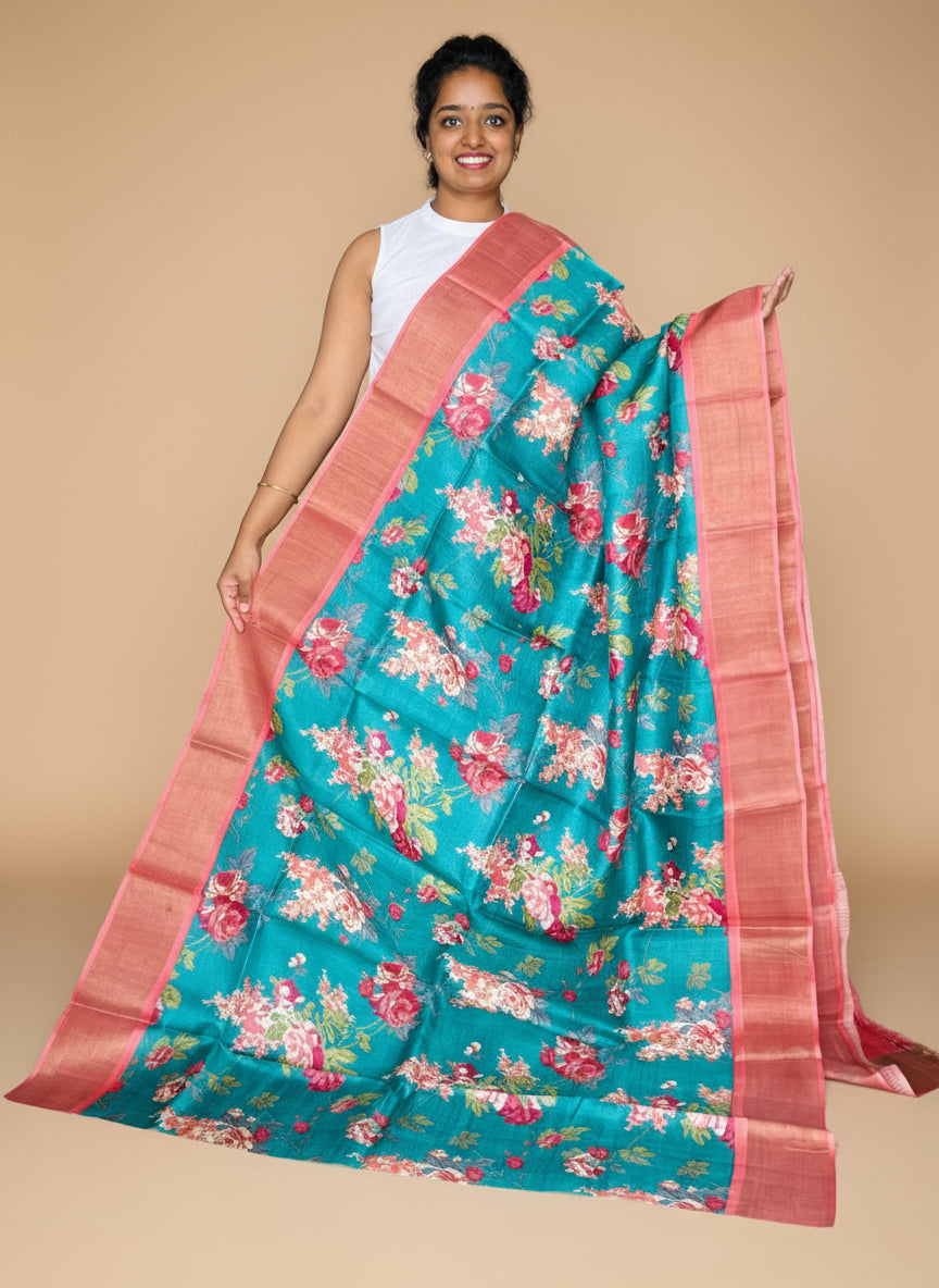 Sea Green and Peach Tussar Silk Saree with Prints