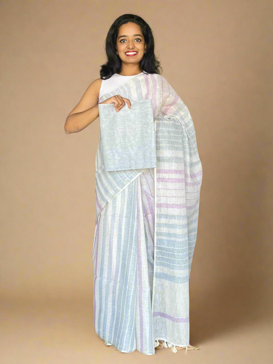 White  Linen Saree With Woven Pink and Grey Stripes