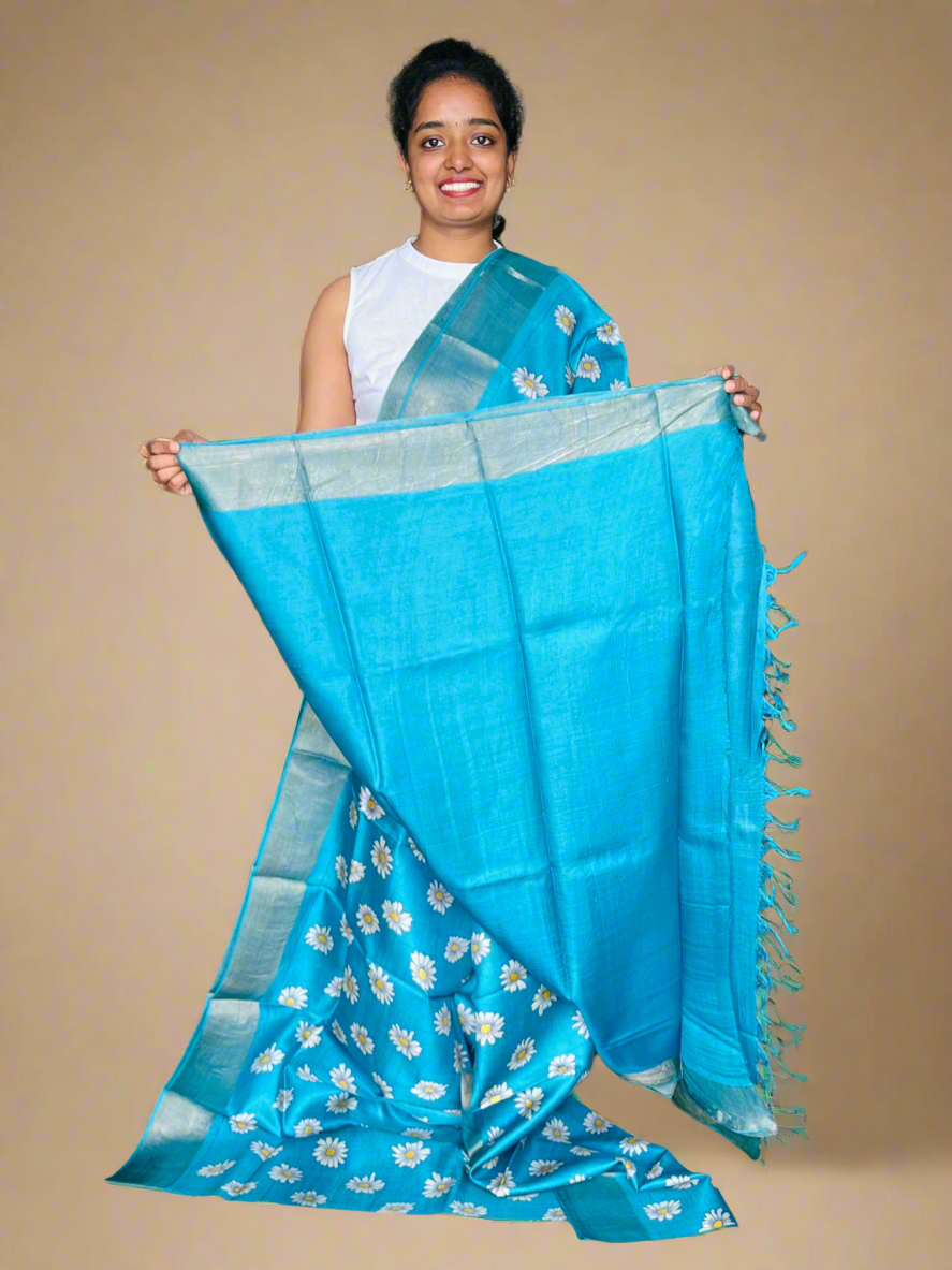 Sky Blue Tussar Silk Saree with Prints