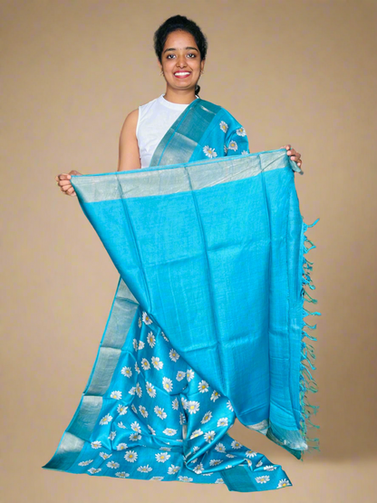 Sky Blue Tussar Silk Saree with Prints