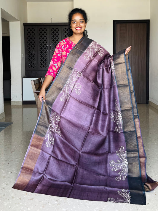 Plum and Black Tussar Silk Saree with Prints
