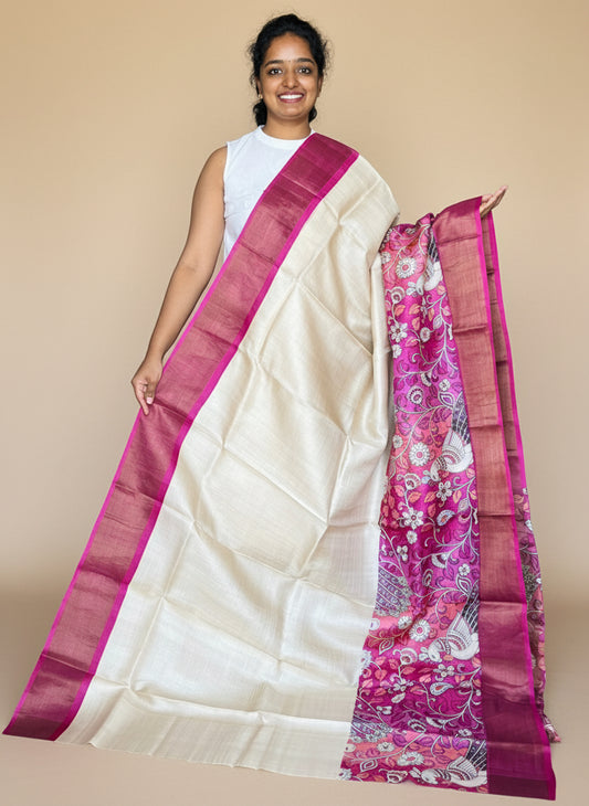 Cream and Magenta Tussar Silk Saree with Prints