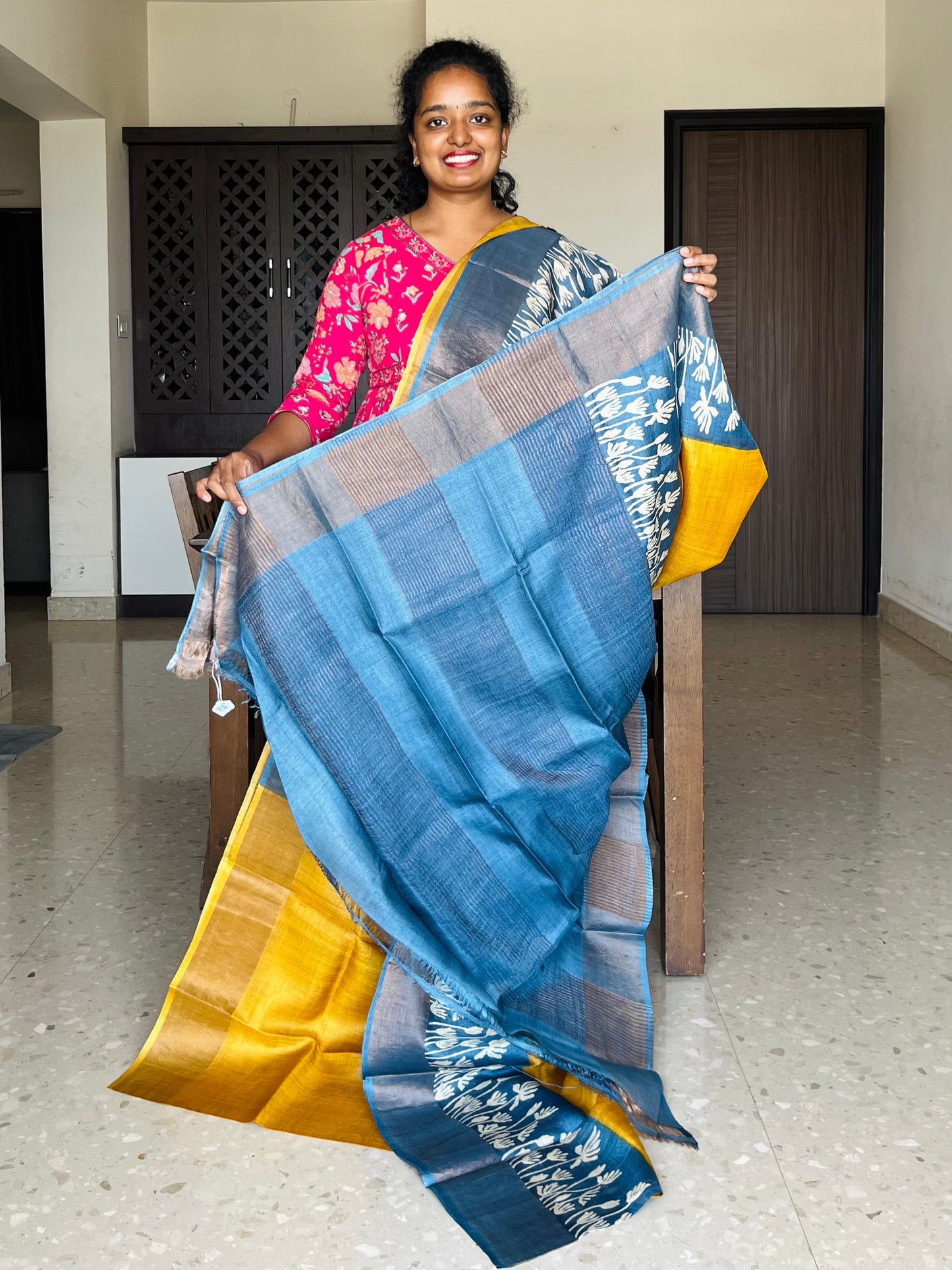 Yellow and Grey Tussar Silk Saree with Prints