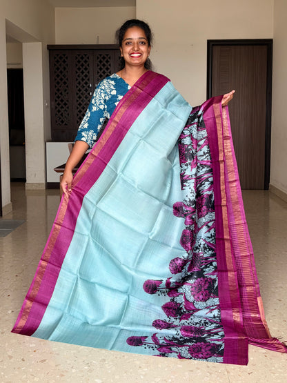 Powder Blue and Magenta Tussar Silk Saree with Prints