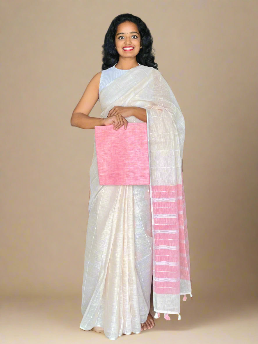 Cream Linen Saree With Pink Pallu