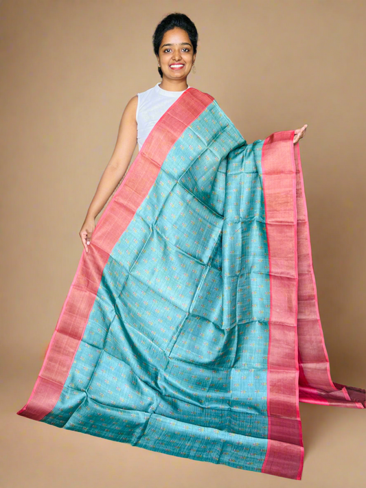 Green and Peach Tussar Silk Saree with Prints