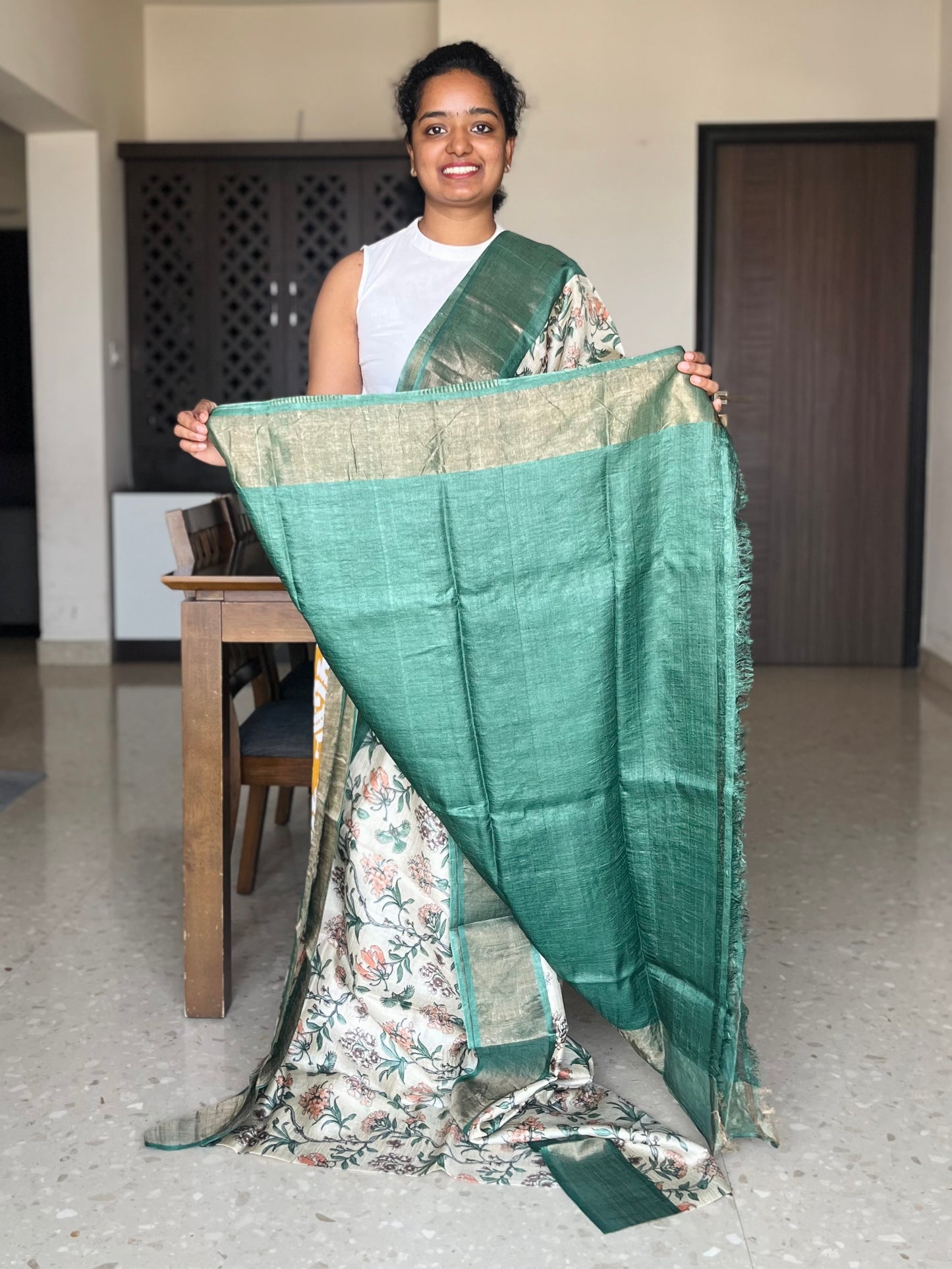 Cream and Green Tussar Silk Saree with Prints