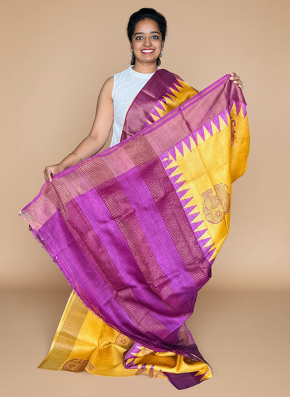 Yellow and Purple Tussar Silk Saree with Prints