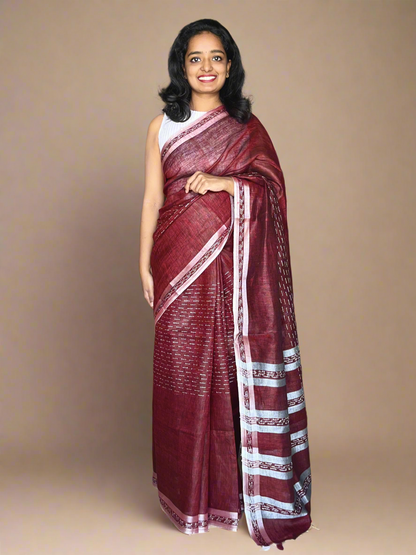 Maroon Linen Saree with Kantha Weaves