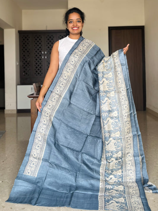 Grey Tussar Silk Saree with Prints