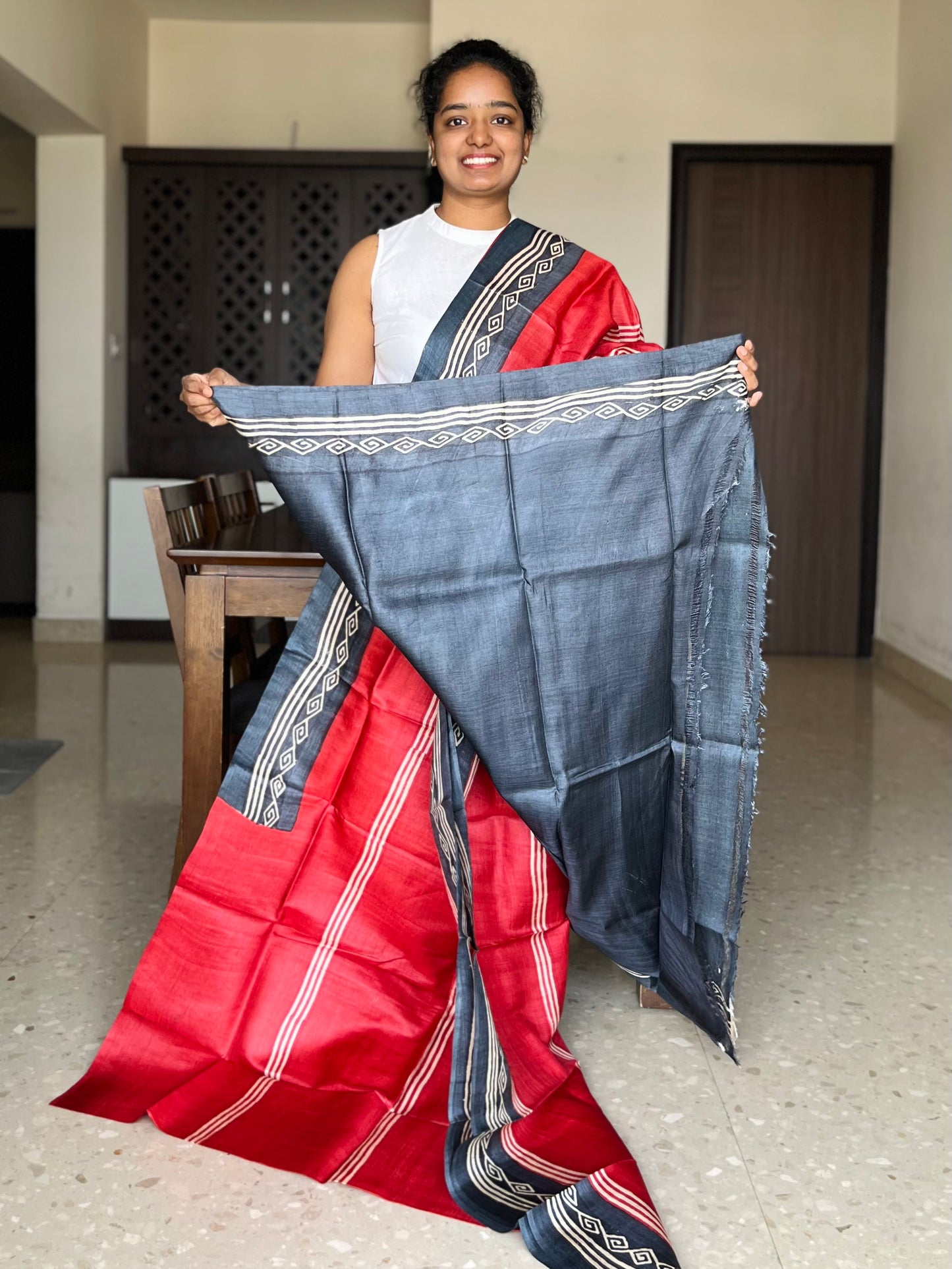 Red Tussar Silk Saree with Prints