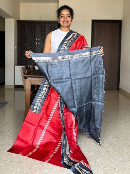 Red Tussar Silk Saree with Prints